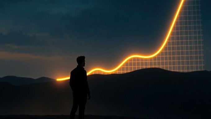 A moody silhouette of a person standing before a glowing orange upward-trending chart line overlaid on a mountain landscape and grid, symbolizing rising growth.