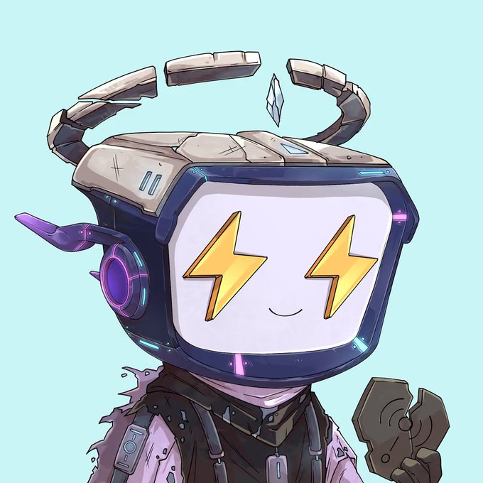 An anime-style illustration of a robotic character with a TV monitor for a head, featuring yellow lightning-bolt eyes, a small smile, and a broken halo floating above.