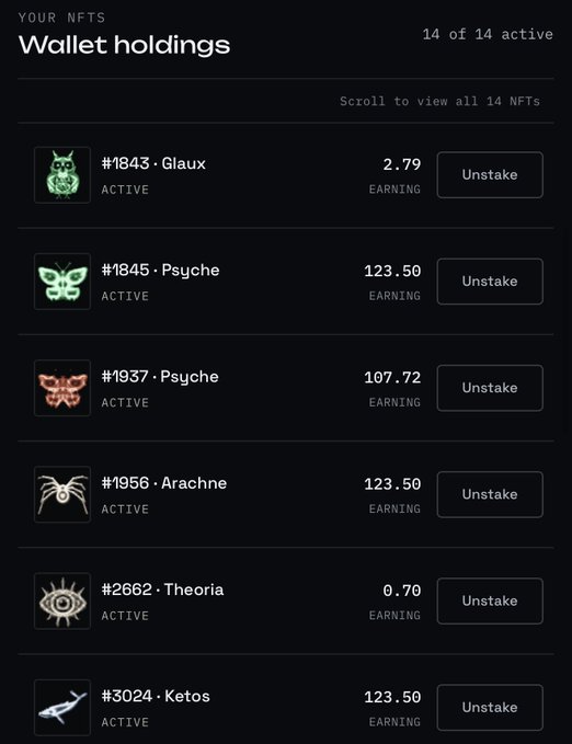 A 'Wallet holdings' interface displays 14 active NFTs, including #1843 Glaux, #1845 Psyche, #1937 Psyche, #1956 Arachne, #2662 Theoria, and #3024 Ketos, each with an earnings amount and an 'Unstake' option.