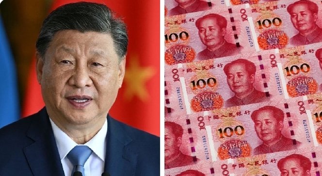 This image shows Chinese President Xi Jinping alongside 100 yuan banknotes, visually representing China's currency strengthening against the US dollar.