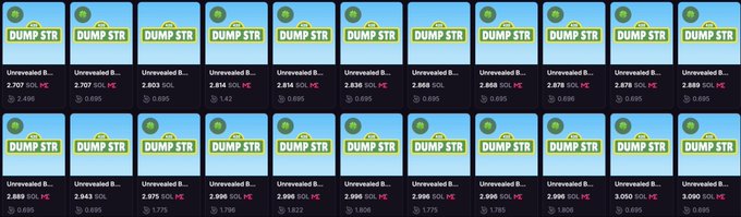 The image displays a grid of 20 identical "DumpSTR" token listings on what appears to be a Solana-based marketplace, each showing a small SOL market cap ranging from approximately 2.707 to 3.090 SOL, with individual bag counts varying between 1.42 and 1.896. This visualizes the post's claim about DumpSTR's recent activity, showing the spread of the 134 listed bags and their combined trading volume exceeding 1,700 SOL across multiple separate listings.