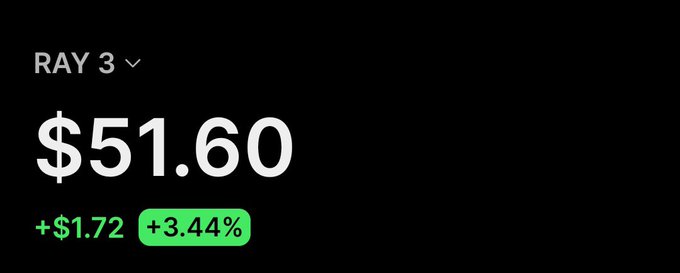 A financial display showing RAY 3 with a price of $51.60, up +$1.72 (+3.44%) highlighted in green.