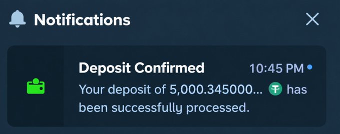 A digital notification alert on a dark background reading 'Deposit Confirmed' at '10:45 PM', stating 'Your deposit of 5,000.345000... has been successfully processed.' with a Tether (USDT) icon.