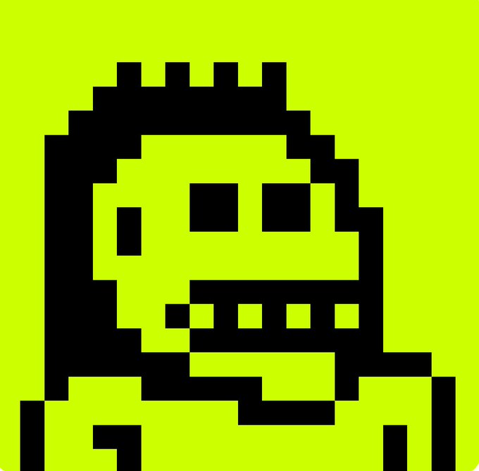 A close-up of a pixel art character, resembling a zombie or skeleton, with a skull-like face and exposed teeth, rendered in stark black and bright neon green.