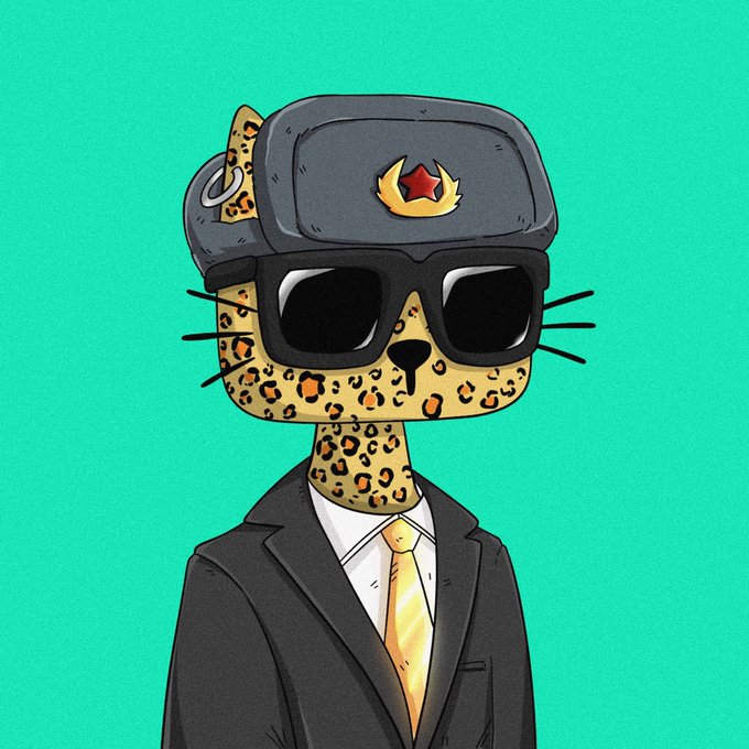 A cartoon illustration of a leopard character wearing a Soviet-style ushanka hat with a red star emblem, sunglasses, a black suit, white shirt, and gold tie against a teal background.
