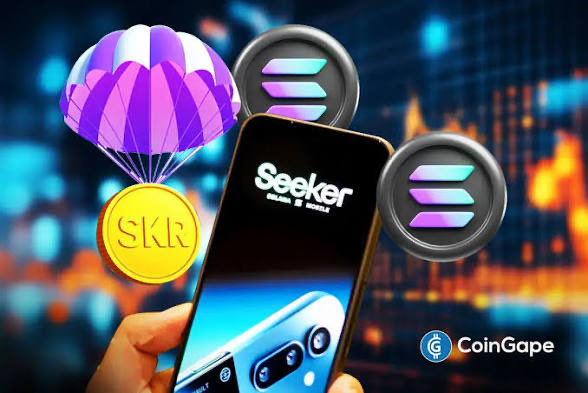 A promotional graphic for the Seeker (SKR) Solana token featuring a phone displaying the app, a parachuting SKR gold coin, and Solana logos against a city skyline background with the CoinGape logo.