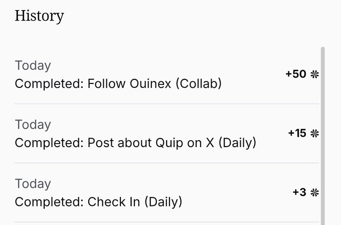 The image shows a list of completed daily activities for a user named @quipnetwork, which includes tasks such as checking in at a hotel or completing a daily workout routine. The user has finished their daily activities and is now ready to relax and enjoy the rest of their day.