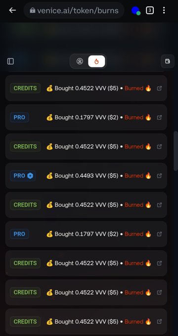 A screenshot from venice.ai/token/burns showing a list of recent VVV token burns for purchases of CREDITS and PRO subscriptions, with amounts like 0.4522 VVV and 0.1797 VVV.