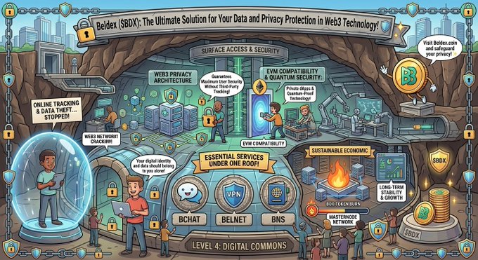 A colorful infographic poster titled "Beldex ($BDX): The Ultimate Solution for Your Data and Privacy Protection in Web3 Technology!" showcasing various features like Web3 Privacy Architecture, EVM Compatibility, and Sustainable Economic nodes.