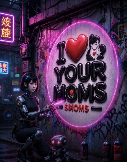 Cyberpunk-style digital art depicting a woman with a robotic arm spray-painting a pink glowing heart that reads 'I LOVE YOUR MOMS' with a '$MOMS' token symbol, accompanied by a small robot and a cat-like character.