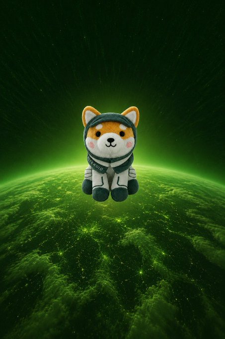A cute plush Shiba Inu dog wearing a black and white "Hello World" hoodie floats above a glowing green planet in a starry dark space.