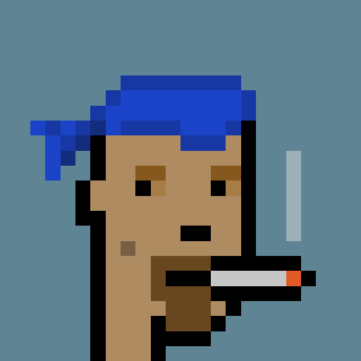A pixel art illustration of a man with brown skin wearing a blue cap, smoking a cigarette with visible smoke on a blue-gray background.