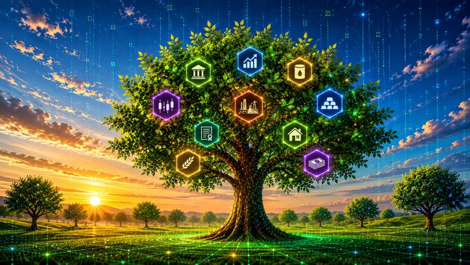 A luminous tree bearing hexagonal icons representing finance, governance, and technology symbolizes the growth potential of tokenized markets, visually echoing the UK task force's projection of up to $44 billion in annual economic output by 2035.