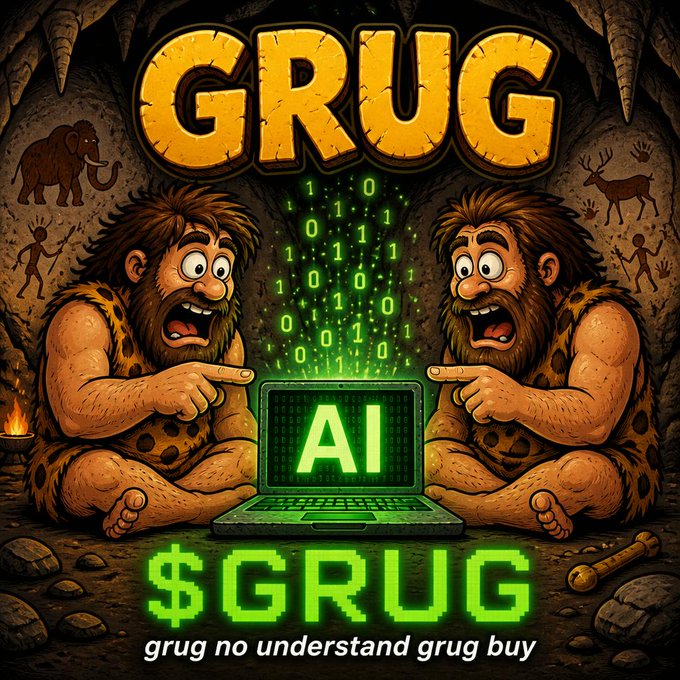 Two cartoon cavemen in a cave point excitedly at a glowing green laptop displaying "AI," with "GRUG" in large golden stone letters above and "$GRUG" in pixelated green text below, alongside the caption "grug no understand grug buy" — playfully visualizing the post's primitive "Grug" memecoin persona discovering AI and launching a Solana token ($GRUG, CA: HQPJLdcnqwqcwJjjAR16wkTN42rwh3fqAYeidzpKpump) on Day 1.