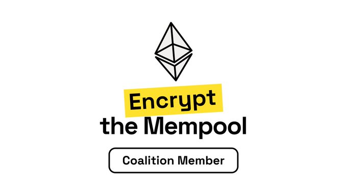 The image features a logo for a website called "Encrypt the Mempool" that promotes the idea of making transactions private using the Ethereum blockchain. The website encourages users to join the coalition, which aims to make Ethereum transactions more secure by encrypting them before they are executed. This would prevent unauthorized access and protect user privacy.