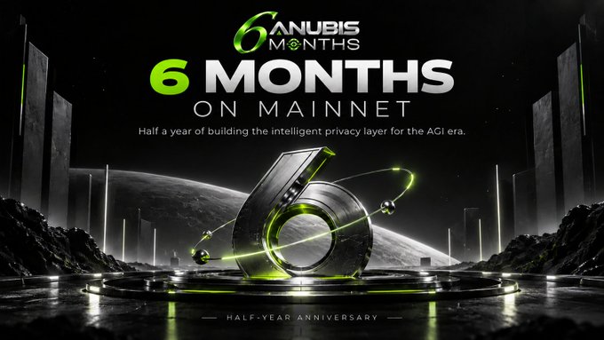 Promotional graphic for '6 MONTHS ON MAINNET' from 6 Anubis Months, celebrating a half-year anniversary with the tagline 'Half a year of building the intelligent privacy layer for the AGI era,' featuring a futuristic metallic '6' logo on a stage.