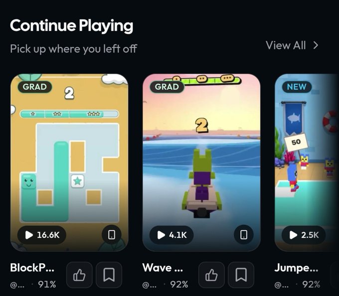 A mobile app interface shows a "Continue Playing" section featuring mini-game previews including "BlockP..." with 16.6K plays and a teal puzzle piece, "Wave ..." with 4.1K plays showing a boat on water, and "Jumpe..." marked NEW and 2.46K plays.