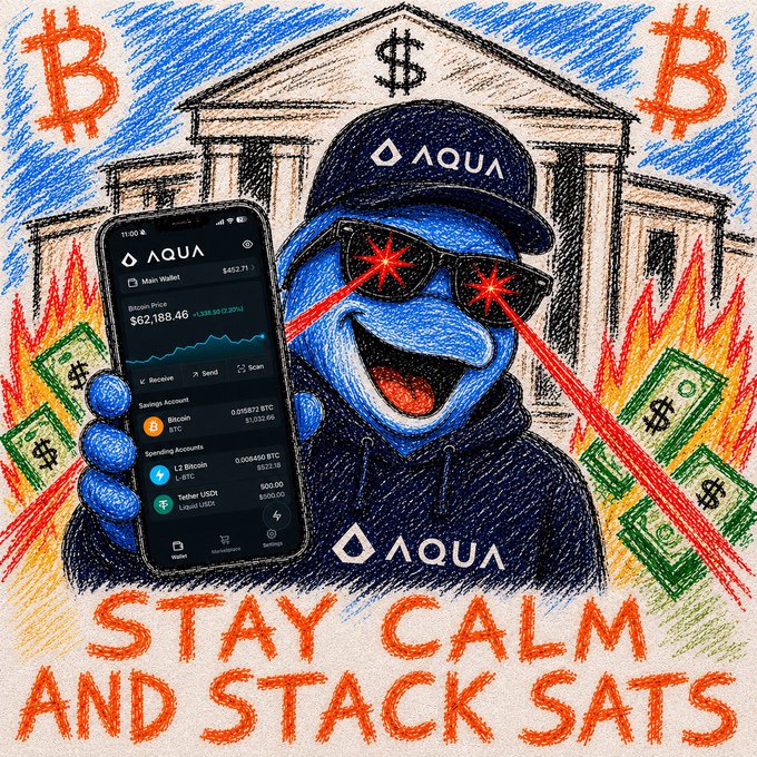 The image features a cartoon character wearing sunglasses, holding up a cell phone with Bitcoin symbols on it. Below the character's head, there are dollar signs representing money, and below his feet, there are dollar bills symbolizing stacks of money. The text "Stay calm and stack sits" is written in orange at the bottom of the image. This message encourages users to remain calm during uncertain times and not worry about their Bitcoin investments or other financial matters.