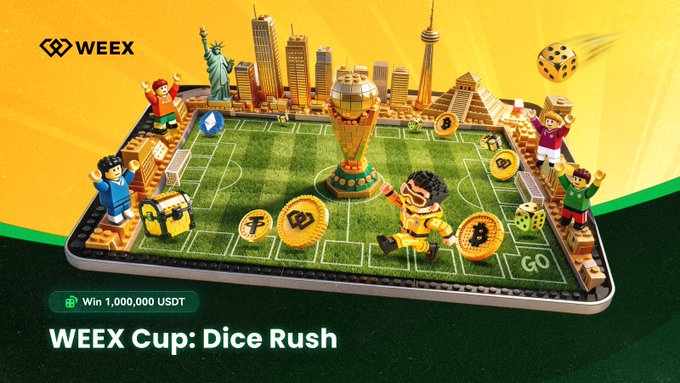 A promotional graphic for WEEX's "Dice Rush" campaign shows a stylized smartphone displaying a soccer-field-themed board game featuring world landmarks (Statue of Liberty, pyramids, skyscrapers), gold coins, a trophy, and cartoon characters, with the WEEX logo in the top-left and "Win 1,000,000 USDT" and "WEEX Cup: Dice Rush" text below — visually representing the dice-rolling, milestone-reward game described in the post where players can earn up to 1,000 USDT in point milestone rewards.