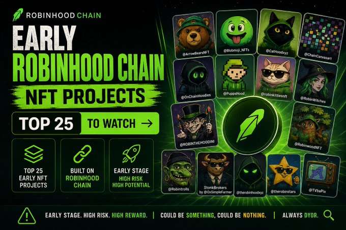 Promotional graphic for 'Early Robinhood Chain NFT Projects: Top 25 to Watch' by Robinhood Chain, featuring various NFT profile pictures and warning of high risk/high reward early stage investments.