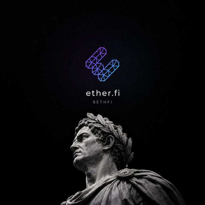 A marble bust of a Roman figure in profile gazes upward beneath the illuminated "ether.fi" and "$ETHFI" logos, visually echoing the post's theme of bridging ancient ideas of lasting value with a modern financial ecosystem designed to keep crypto assets both productive and liquid.
