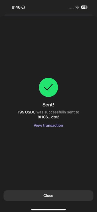 A mobile cryptocurrency transaction confirmation screen showing a green checkmark and “Sent!” It states that “195 USDC was successfully sent to 8HCS...ote2,” with “View transaction” and a “Close” button.