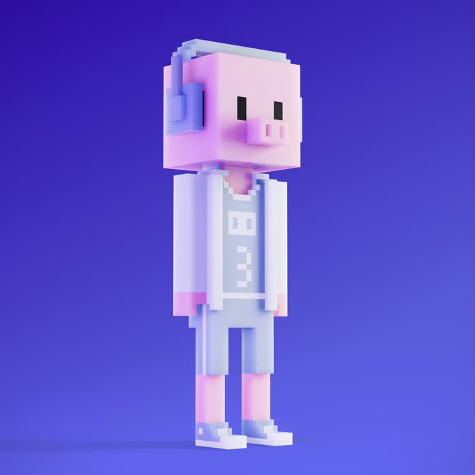 A 3D voxel-style pink pig character wearing a white lab coat with 'BULL' text, light blue pants, and sneakers, standing against a purple gradient background.