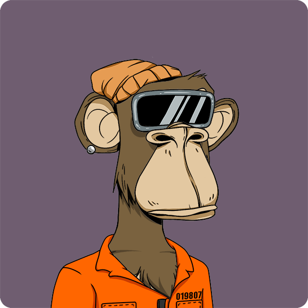 Cartoon illustration of a bored-looking monkey wearing an orange beanie, black futuristic sunglasses, an earring, and an orange prison-style jumpsuit with '019807' on it against a purple background.