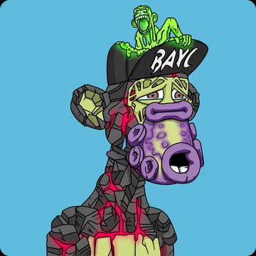 A cartoon illustration on a blue background shows a pink-skinned character made of rocks with magma, wearing a pirate hat labeled 'BAYC' with a green zombie-like creature on top.