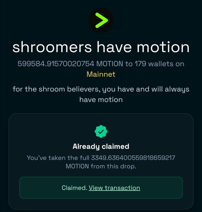 A dark-themed cryptocurrency airdrop claim screen showing 'shroomers have motion' with a distribution of MOTION tokens to 179 wallets on Mainnet, marked as 'Already claimed'.
