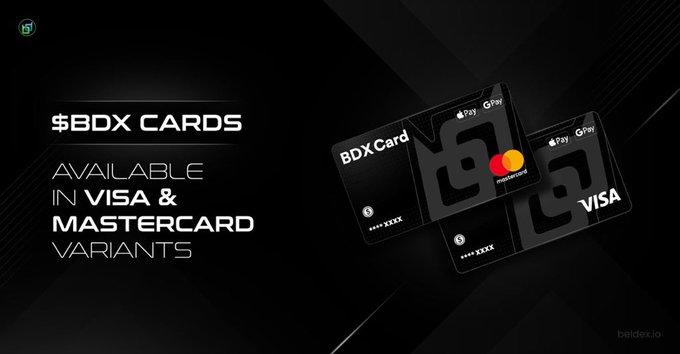 The image is a promotional graphic for Beldex's $BDX Cards, showcasing two black credit cards—one Mastercard and one Visa—both featuring the Apple Pay logo, with text highlighting that the cards are "AVAILABLE IN VISA & MASTERCARD VARIANTS" (betdex.io). The graphic visually supports the post's announcement about Beldex introducing crypto-enabled payment cards for online, subscription, and travel purchases.