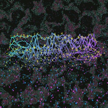 Abstract digital artwork with a black background, featuring colorful blue, purple, and pink oscillating waveform lines with yellow data points scattered across the composition.