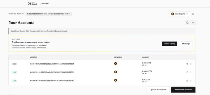 A screenshot of a MetaMask account interface titled 'Your Accounts' showing Base Sepolia network balances, including 0.02 ETH and 0.068 ETH across multiple addresses.