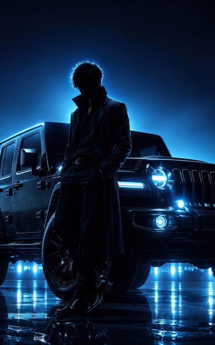 A moody, low-light image of a silhouetted figure in a long dark coat leaning against a black Jeep Wrangler with glowing blue headlights and underglow lighting.