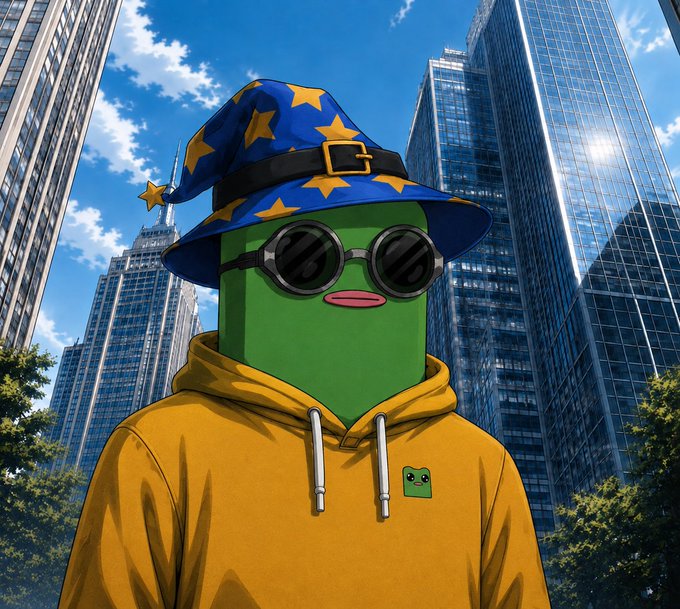 An anime-style illustration of a green character wearing a blue wizard hat with yellow stars, black goggles, and a yellow hoodie, standing in a city with skyscrapers.