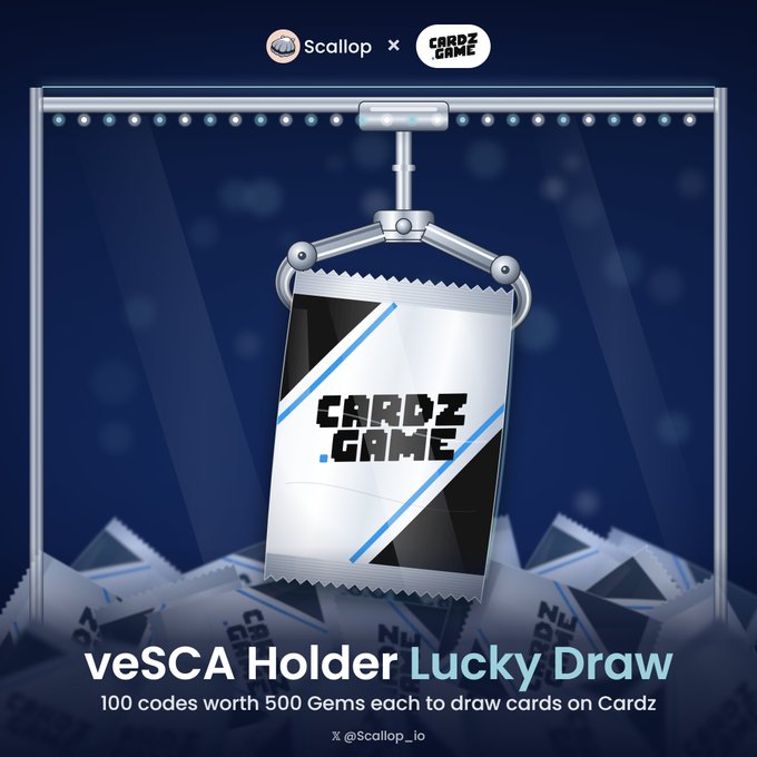 A promotional graphic for a 'veSCA Holder Lucky Draw' by Scallop and Cardz Game, featuring a metallic robotic claw grabbing a branded card packet.