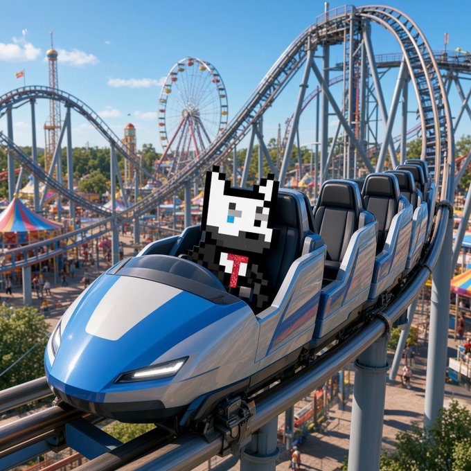 A futuristic blue roller coaster navigates tracks through an amusement park, with a pixelated black-and-white character wearing a red tie riding in the front car.