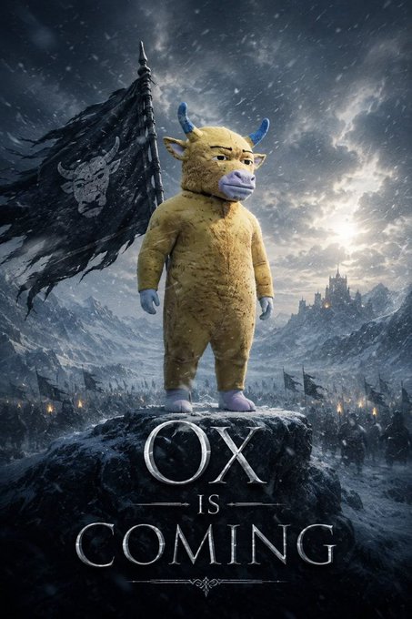 A dramatic fantasy poster featuring a character in a yellow cow/bull costume standing on a snowy cliff, with a dark castle in the background and the text 'OX IS COMING' displayed at the bottom.