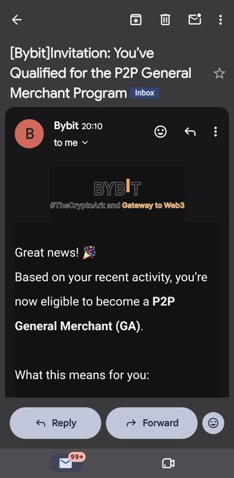 A screenshot of an email from Bybit titled 'Invitation: You've Qualified for the P2P General Merchant Program,' announcing eligibility based on recent activity to become a P2P General Merchant (GA).