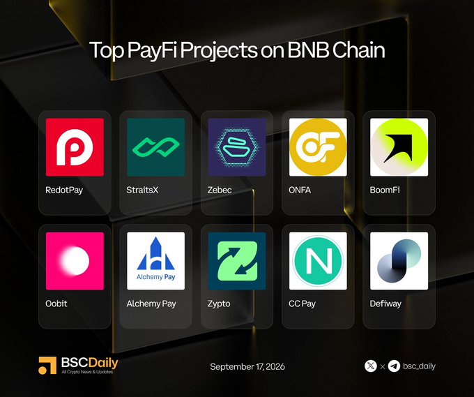 Graphic titled 'Top PayFi Projects on BNB Chain' by BSC Daily dated September 17, 2026, showcasing ten project logos including RedotPay, StraitsX, Zebec, ONFA, BoomFi, Oobit, Alchemy Pay, Zypto, CC Pay, and Defiway.