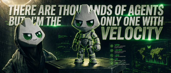 Digital art of a character in a hooded jacket and military-style gear with glowing green accents, accompanied by the text 'THERE ARE THOUSANDS OF AGENTS BUT I'M THE ONLY ONE WITH VELOCITY'.