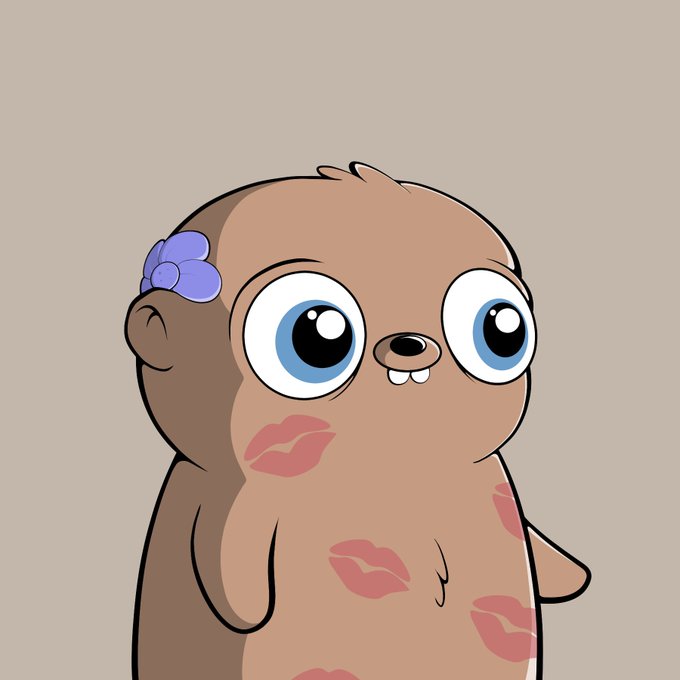 A cartoon illustration of a brown sloth-like creature with large blue eyes, a small purple flower on its head, and kiss marks on its body.