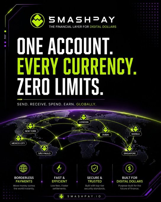 A marketing poster for SmashPay ('The Financial Layer for Digital Dollars') promoting 'One Account. Every Currency. Zero Limits' with a global map showing cities like New York, London, Dubai, Singapore, Manila, São Paulo, and Mexico City, emphasizing borderless payments and fast settlements.