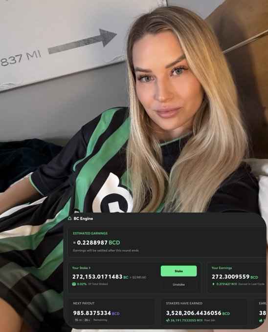 A blonde woman takes a selfie while lying down, with an overlay showing BC Engine staking earnings of 272.3009559 BCD (~$2,981.60) on a 272.1530171483 BCD stake, visually confirming her "Goodnight friends" update about 4 weeks of staking gains and a portfolio increase from $2,425 to $2,981 despite the broader crypto market downturn.