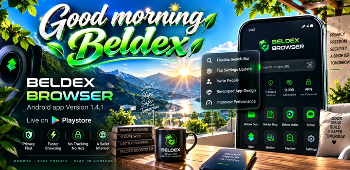 Promotional banner for 'BELDEX BROWSER' Android app Version 1.4.1, featuring 'Good morning Beldex' text and app interface mockups.