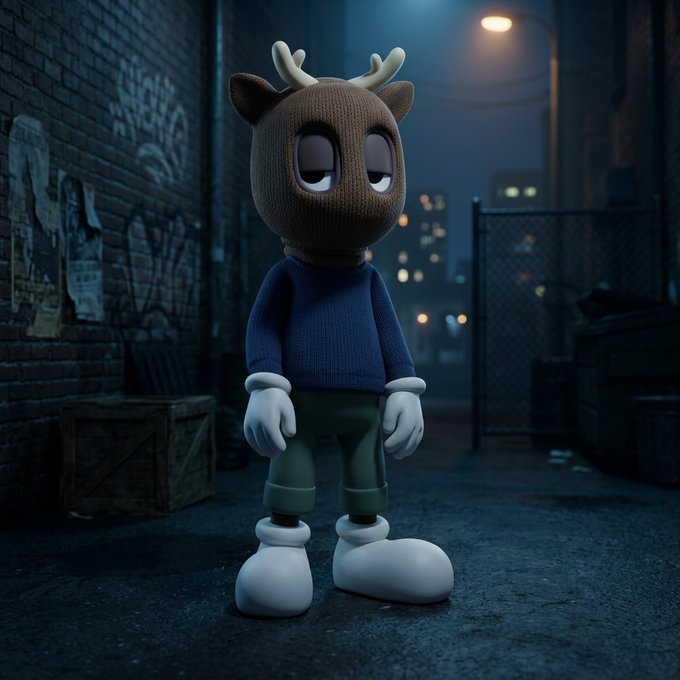 A 3D rendered character with a knit brown deer-like hood featuring antlers, wearing a blue sweater and green pants, standing in a moody nighttime alleyway setting.