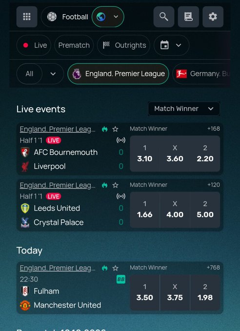 A football betting app interface displaying live events from the England Premier League, including AFC Bournemouth vs Liverpool and Leeds United vs Crystal Palace, along with an upcoming match between Fulham and Manchester United at 22:30.