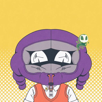A cartoon character with purple hair, an orange vest, and a small green frog on its shoulder winks playfully against a yellow halftone background. The image illustrates the post's excitement about an early mint of their NFT collection, with the character's gleeful expression reflecting the creator's gratitude toward the mystery buyer.