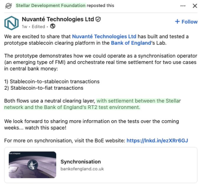 A LinkedIn post by Nuvante Technologies Ltd (reposted by Stellar Development Foundation) announcing they have built and tested a prototype stablecoin clearing platform in the Bank of England's Lab.