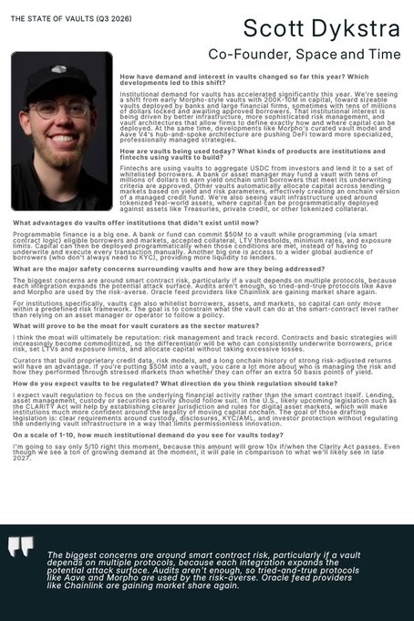 A detailed blog post or article by Space and Time co-founder Scott Dystra discussing 'THE STATE OF VAULTS (Q3 2028)', covering institutional demand for vaults, smart contract risks, and oracle feed providers like Aave and Morpho.